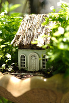 Close up of model house among bushes